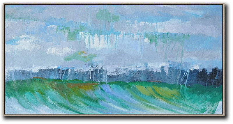 Original Artwork Extra Large Abstract Painting,Panoramic Abstract Landscape Painting,Large Living Room Decor,Grey,Dark Blue,Green